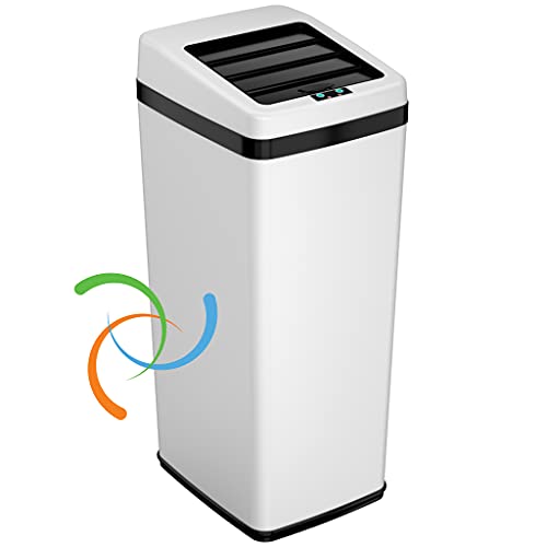 Black Friday Sale 2022 iTouchless 14 Gallon Sliding Lid Automatic Sensor Trash Can with Odor Filter System, 52 Liter White Steel Touchless Kitchen Garbage Bin