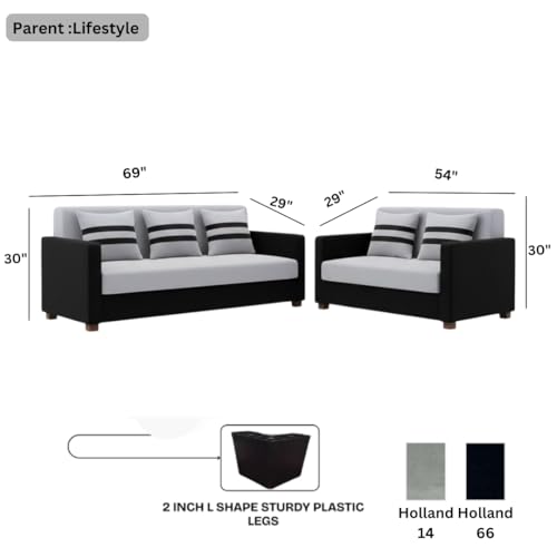 Image of FURNY Lifestylio 5 Seater Fabric 3+2 Sofa Set (Light Grey-Black) Premium Velvet Finish | Ideal for Living Rooms, Offices
