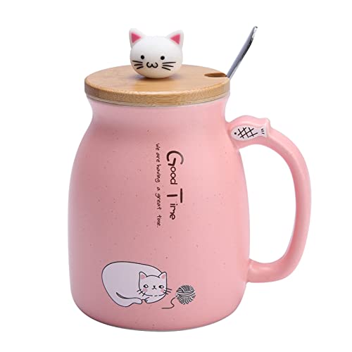 Taza de cerámica de 420 ml con cuchara y tapa de madera, taza de café, agua, leche para mujer, amantes, bebés, taza de cerámica, 420 ml, lindo gatito C