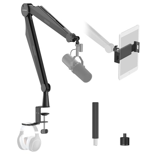 Funzioni migliorate: il nostro braccio per microfono ora offre la comodità di tenere saldamente il tablet o il telefono insieme alla configurazione del microfono. C'è anche un supporto per cuffie in modo da poter appendere le cuffie senza creare disordine sulla scrivania.