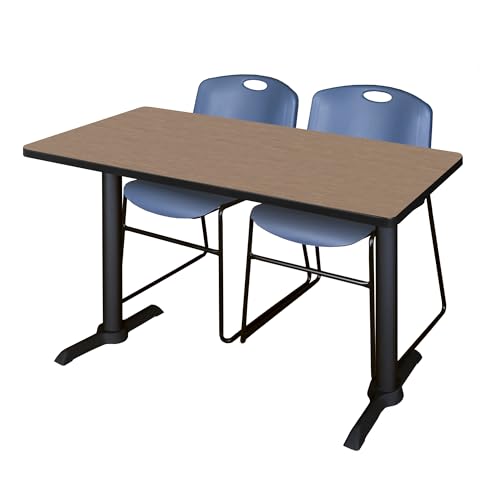 Romig Pillar 48 x 24 in. T-Base Training Seminar Table- Noble Oak & 2 Zeng Stack Chairs- Blue