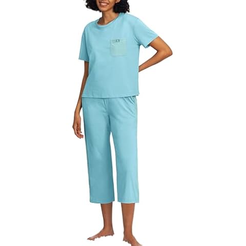 HiMONE Pajamas Set for Women,Cooling Lounge Sets Soft Capri Pajama Lake Blue Cover