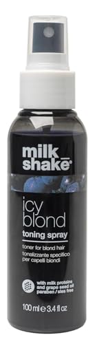 milk_shake icy blond toning spray | leave-in toner with black pigment to cool brass and refresh icy tones in platinum blonde hair | adds softness, shine, and detangling | 3.4 fl oz