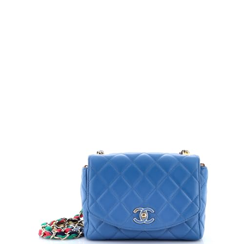 Pre-Loved RIbbon Chain Flap Bag Quilted Lambskin Small, Blue