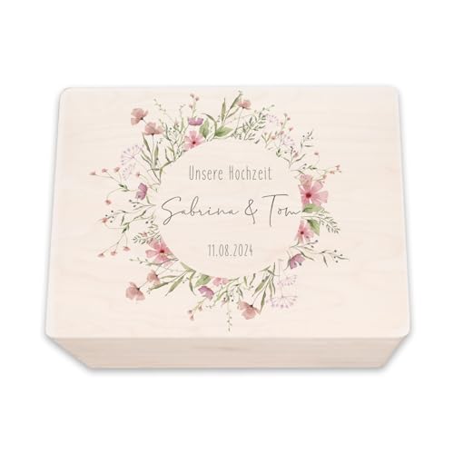 hellomini Personalisierte Erinnerungskiste aus Holz - Geschenk zur Hochzeit | Individuell mit Namen & Datum - Hochzeitsgeschenk/Hochzeitskiste (Blumenkreis S: 30x20x14cm)