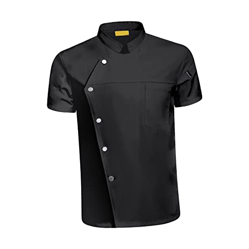Vaveren Men Women Chef Coat Jacket Short Sleeve Top Food Service Overalls for Catering Waiter, 3XL Size Black