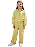 Hansber Kids Girls Fashion School Tracksuit Long Sleeve Zipper Hooded Jacket Elastic Waist Wide-Leg Pants Set Yellow 11-12 Years