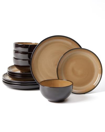 Image of Pokini Stoneware Dinnerware Sets for 4, 12pcs Plates and Bowls Sets Dishes