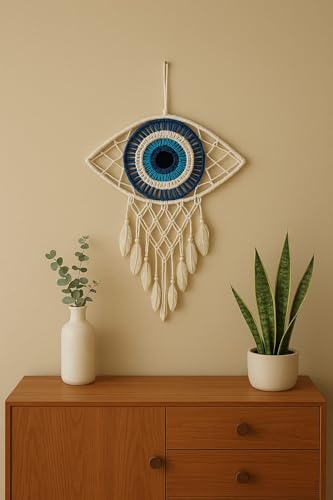 ThincAmaxe Handmade Macrame Dream Catcher Wall Hanging – 8 Inch Width, Round Crochet Design with Feathers & Beads – Boho Wall Decor for Bedroom, Living Room, Nursery, Office (Eye Shaped)