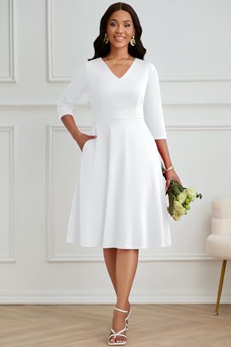 CLOCOR Women's Casual Midi Dress,Church A-Line V-Neck 3/4 Sleeve Dress with Pockets3
