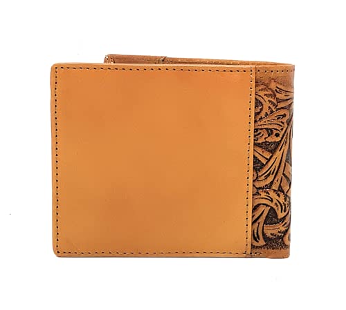 Western Men's Cowboy Leather Floral Tooled Laser Cut Multi Emblem Short Wallet in Multi Colors (Deer (Tan/Beige))2