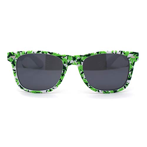 Image of Marijuana Pot Leaf Print Hipster Horn Rim Plastic Retro Sunglasses