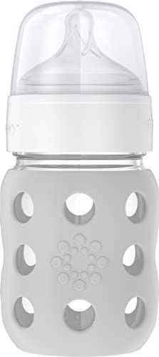 Image of Lifefactory 8-Ounce Wide Neck Glass Baby Bottle with Protective Silicone Sleeve and Stage 2 Nipple, Stone Grey (LG2211WCG4)