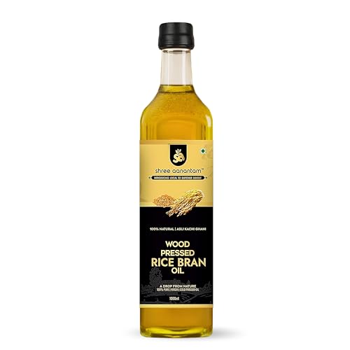 Image of Shree Aanantam Cold Pressed Rice Bran Oil - 1 Liter | Glass Bottle | Kolhu /Kacchi Ghani /Chekku | 100% Pure & Natural | Chemical-Free | Wood Pressed Rice Bran Oil for Cooking (1l (Pack of 1))