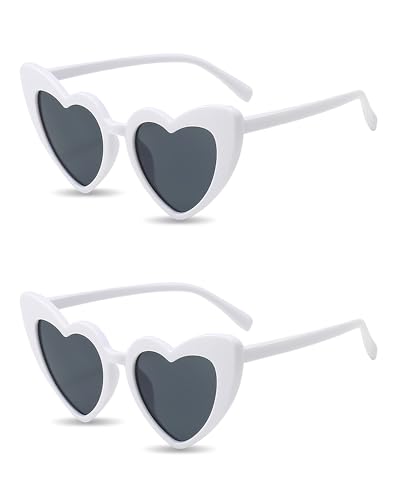 PLULON 2 Pairs Heart Sunglasses for Women Heart Love Shaped Glasses Vintage White Sunglasses Retro Lovely Fashion Cute Sun Glasses Suitable for Bachelorette Party Favors