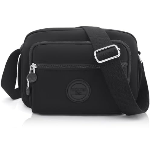GOUNNU Umhängetasche Damen Wasserdicht Crossbody Bag Nylon Damen Freizeit Schultertasche Vielen Fächern Handtasche Damen Mittelgroß mit Verstellbarer Breiter Schultergurt (Schwarz)
