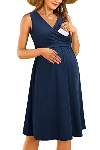 Ouges Womens Midi Nursing Maternity Dresses For Photoshoot Baby Shower Pregnancy Summer Dress Clothes(Navy,M) #TOP2