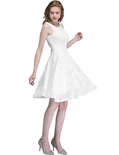 Kingfancy Women Floral Lace Bridesmaid Party Dress Short Cocktail Dress with Boatneck White M
