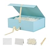 Skivra Large Blue Gift Box with Ribbon 1 Pack, 13x9x4 Inch, Magnetic Lid, Rectangle, Collapsible, Luxury Wedding Gift Box with Filler & Card