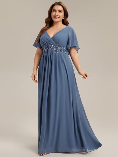 Image of Ever-Pretty Short Sleeves V Neck Plus Size Formal Dresses for Curvy Women Chiffon Mother of The Bride Dress Evening Gowns