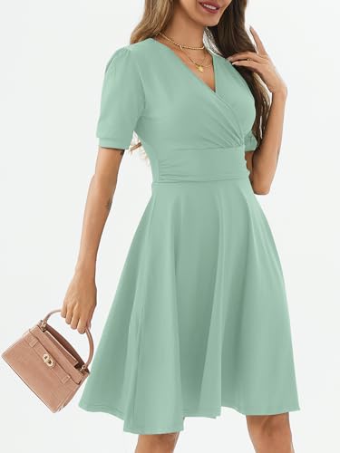 Image of Women's Summer Casual Dress Short Sleeve Wrap V-Neck A-Line Dress Sundress Wedding Guest Cocktail Midi Dresses