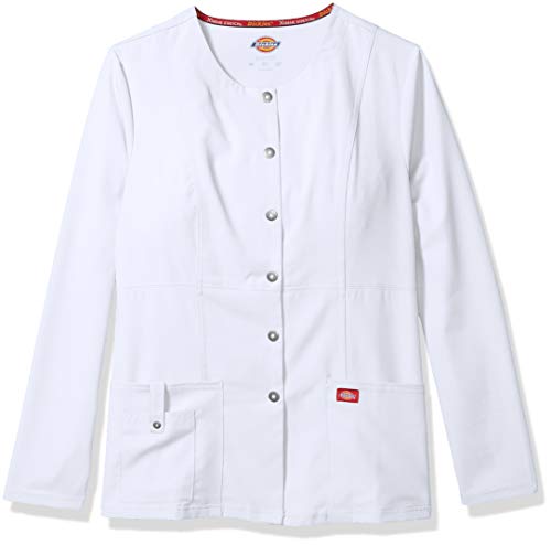 Dickies Womens Xtreme Stretch Crew Neck Snap Front Warm-Up Medical Scrubs Jacket, White, Medium Us #TOP2