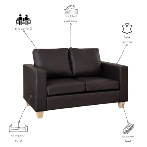 Home Detail 2 Seater Sofa in Faux Leather, Leather Sofa in a Box with Minimal Assembly in Black or Brown, 2 Seater Sofas & Couches in Faux Leather (Brown)