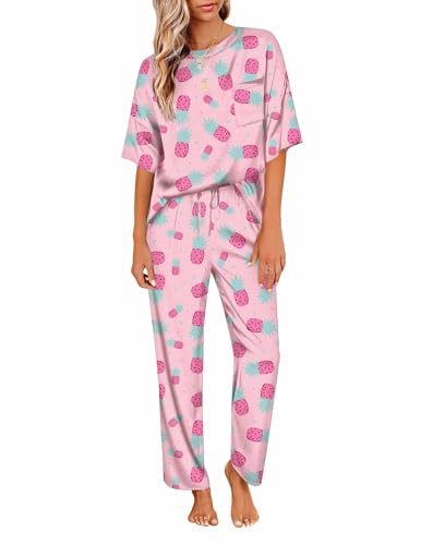Image of Ekouaer Womens Satin Silky Pajama Set Short Sleeve Shirt with Long Pajama Pant Set Soft PJ Loungewear