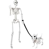 JETEHO 3 FT Human Skeleton Halloween Decor with Dog Skeleton, Posable Skeletons Decoration with Movable Joints, Full Body Plastic Outdoor Halloween Skeletons Decorations