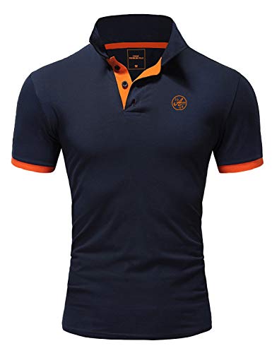 Amaci&Sons Herren Poloshirt Basic Kontrast Stickerei Kurzarm Polohemd T-Shirt 5103 Navyblau/Orange XL