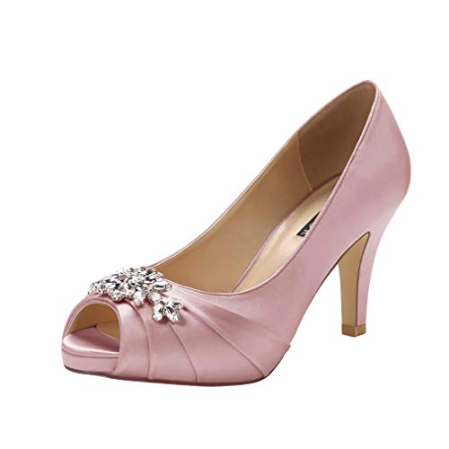 ERIJUNOR Peep Toe Mid Heels for Woman Rhinestones Satin Evening Prom Wedding Shoes