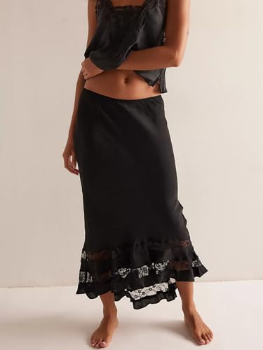 Women Ruffle Lace Trim Satin Maxi Skirt Elastic Waistband High Rise Half Slip Silky Fishtail Party Long Skirt4