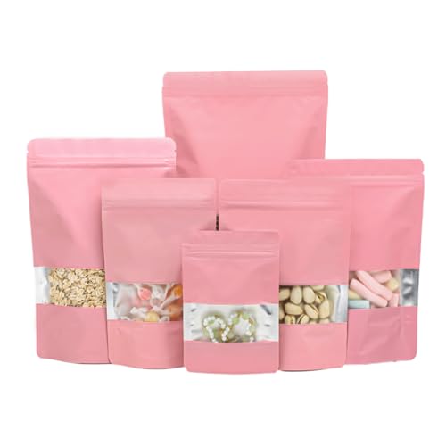 Roppolo 100 Pcs 4.7 x 7.9 Inch Stand Up Pink Bags with Matte Window, Resealable Zip Lock Food Storage Bags, Reusable & Heat Sealable for Packaging