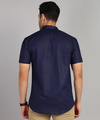 Image of MILDIN Men's Cotton Blend Solid Shirt with Spread Collared Half Sleeve Curved Hemline Button Closure Regular Fit and One Pocket | Half Sleeve Shirt for Men