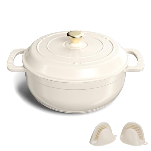 Bonnlo Enameled Cast Iron Round Pot, 27cm/5.6L Dutch Oven Cookware with Lid, Silicone Gloves, Heavy-Duty Pre-Seasoned Cookware for Bread Baking, Braising, Stews, Roasting - White, 6QT