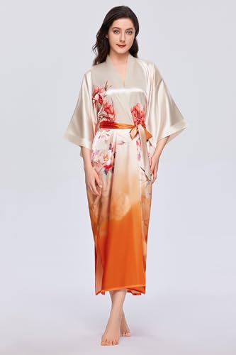 PRODESIGN Kimono Robes for Women - Long Satin Sleepwear Silky Nightgown Bathrobe Gradient Floral Dressing Gown Blouse Robe3