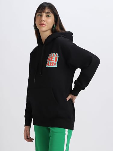 Image of JUNEBERRY Cotton Poly Fleece Oversized Fit Black, Green, Magenta, Mustard, Orange, Purple, Blue, Off White & Grey Graphic Printed Full Sleeve Hoodie for Women
