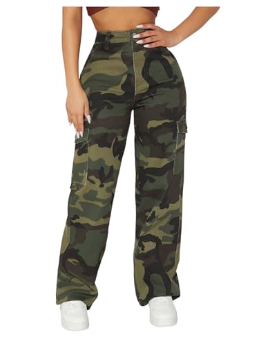 WDIRARA Women's Petite Camo Print Jeans High Waisted Flap Pocket Straight Leg Denim Pants Streetwear