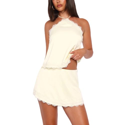 Image of HOXIJIA Women Y2K Satin 2 Pieces Skirt Sets Solid Color Lace Trim Halter Top and Mini Skirt 2PCS Outfits Summer Going Out(Yellow, M)