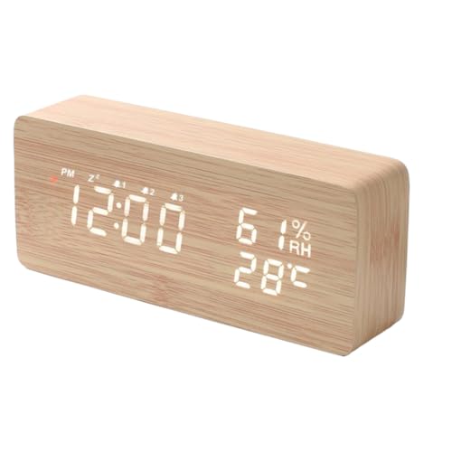LEDディスプレイ付きの木製デジタル目覚まし時計。アラーム、温度、カレンダーを表示。明るさ調節可能。お子様やご家族での使用に最適です。寝室とオフィスの両方で使える壁掛け式時計です。 (ナチュラル,四角形)