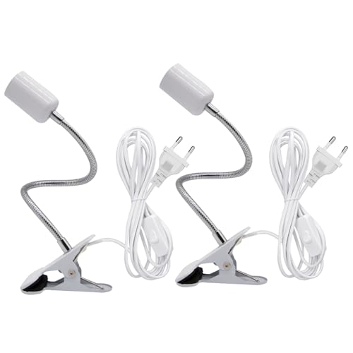 Portalampada E27 con Clip 2 Pezzi Collo di Cigno Flessibile Portalampada Lampada con Pinza da Letto con Spina Europea Lampada da Lettura con 220 CM Cavo e Interruttore