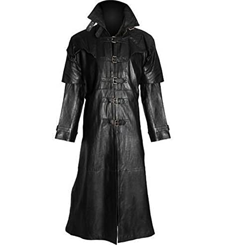 Men Vintage Trench Coat Winter Long Faux Leather Jacket Steampunk Victorian Breasted Overcoat Halloween Costumes Black