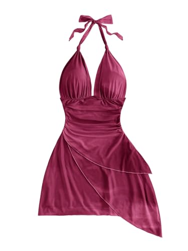 Image of SOLY HUX Women's Y2K Summer Beach Halter Mini Dress | Retro Floral Dress, V Neck, Backless, Club Nightout, Sexy Going Out Clothes, Birthday Dress
