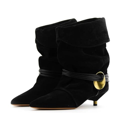Agodor Womens Black Slouchy Ankle Boots - Pointed Toe Kitten Heels Booties Wide Calf Boho Suede Cowboy Boots Fold Over Mid Calf Slip On Comfortable Shoes US11