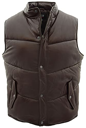 Image of Mens Real Leather Puffer Body Warmer Sleeveless Casual Gilet Leon (2XL, Brown)