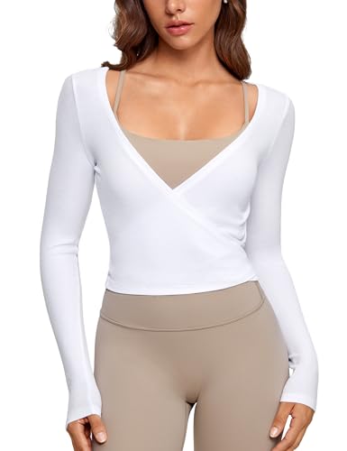 INGIA Womens V-Neck Long Sleeve Cross Wrap Top Slim Fit Soft Knit Layering Shirt Casual Yoga Gym Bandage Tie Tops White Large