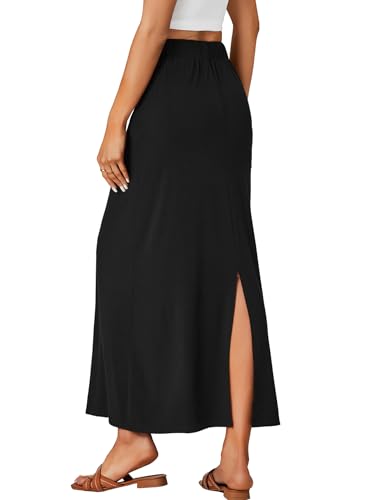 Rooscier Women's Elastic High Waist Back Slit A-Line Long Skirt with Pocket2