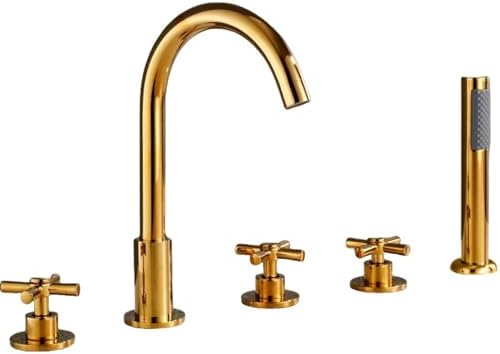 シャワーヘッドセット、5ホールバスシャワーミキサータップゴールドグースネックバスタブミキサータップ付きシャワーヘッドクロスハンドル、