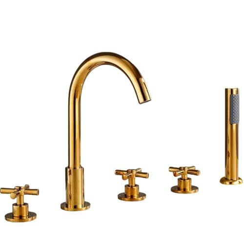 ASumPio Juego De Cabezal De Ducha, Grifo Mezclador De Ducha De Baño De 5 Orificios, Grifo Mezclador De Bañera De Cuello De Cisne Dorado con Cabezal De Ducha, Manija Cruzada,Gold