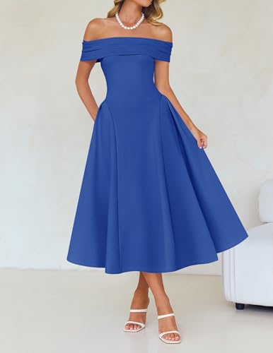 Image of ZESICA Summer 2026 Cocktail Dresses for Women's Off Shoulder Short Sleeve Swing A Line Wedding Evening Party Midi Dress